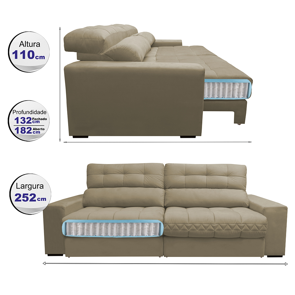 Sofá Retrátil e Reclinável com Molas Ensacadas Cama inBox Master 2,52m Tecido Suede Bege