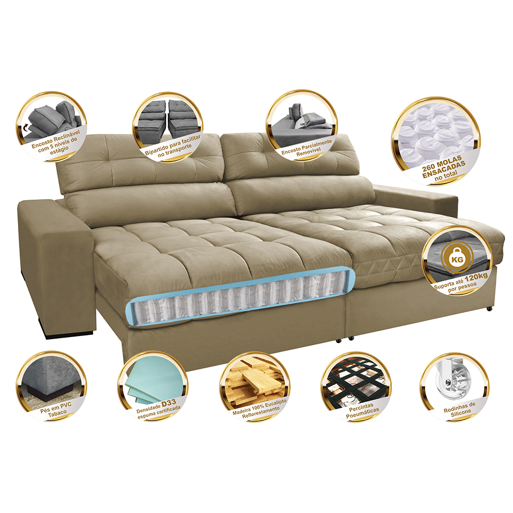 Sofá Retrátil e Reclinável com Molas Ensacadas Cama inBox Master 2,52m Tecido Suede Bege
