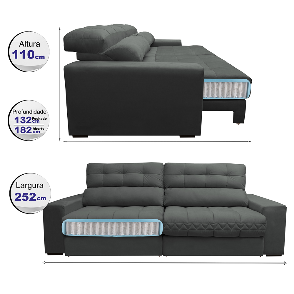 Sofá Retrátil e Reclinável com Molas Ensacadas Cama inBox Master 2,52m Tecido Suede Cinza