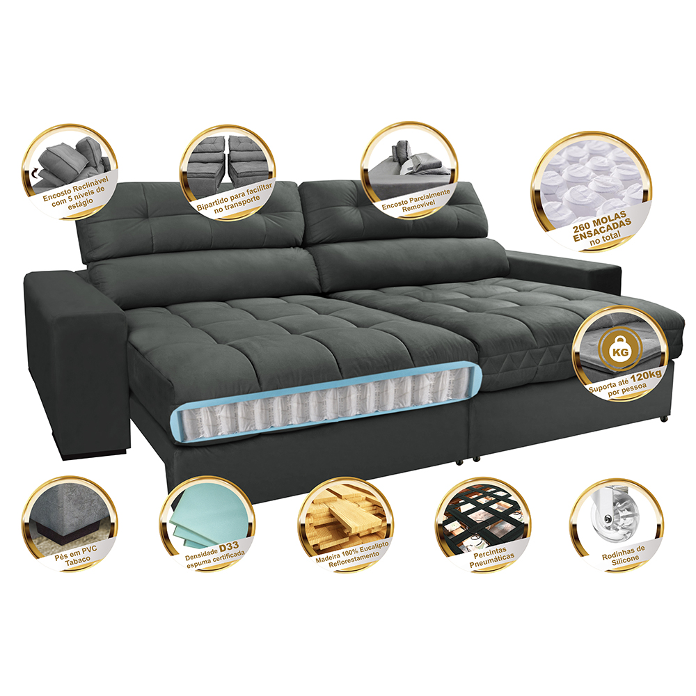 Sofá Retrátil e Reclinável com Molas Ensacadas Cama inBox Master 2,52m Tecido Suede Cinza
