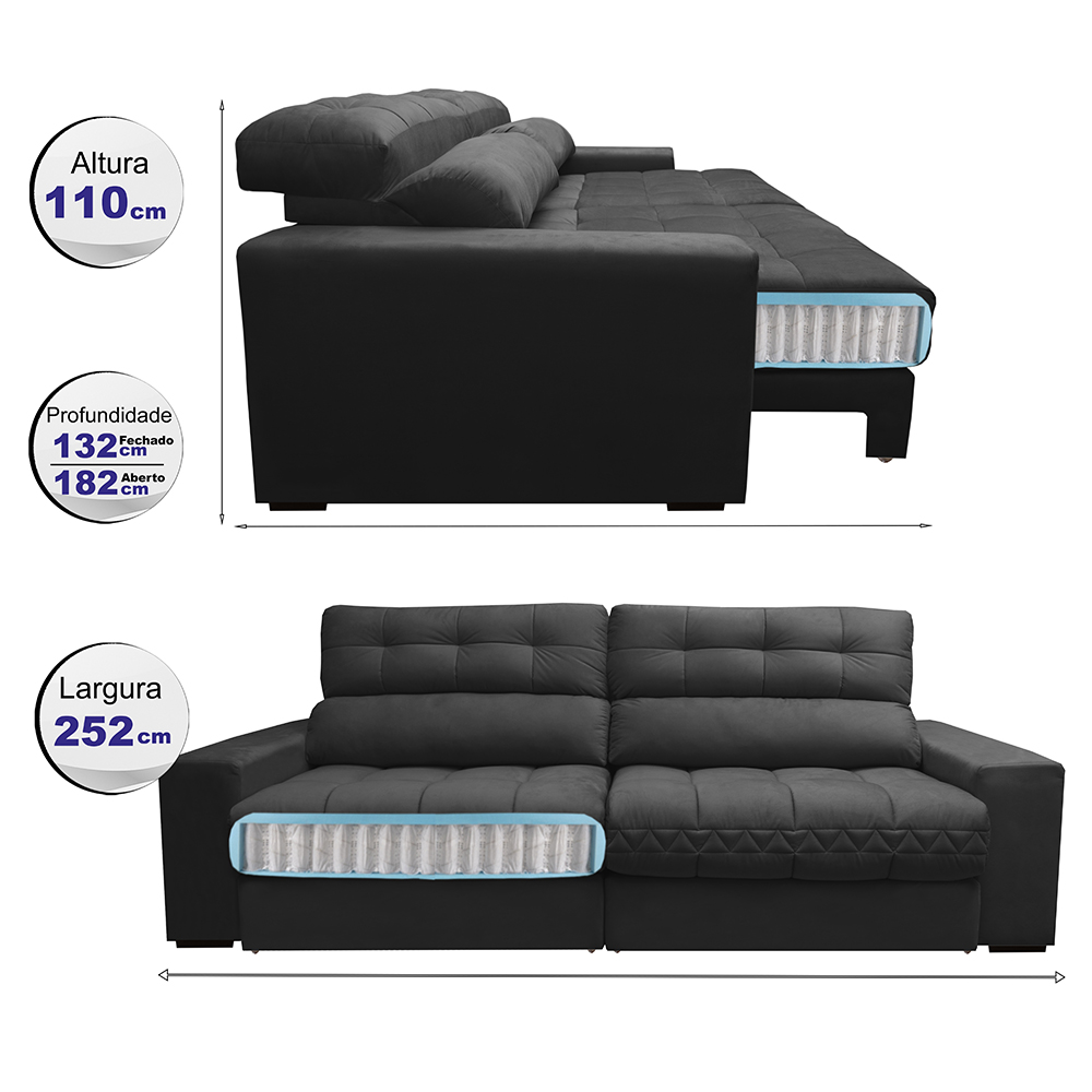 Sofá Retrátil e Reclinável com Molas Ensacadas Cama inBox Master 2,52m Tecido Suede Preto