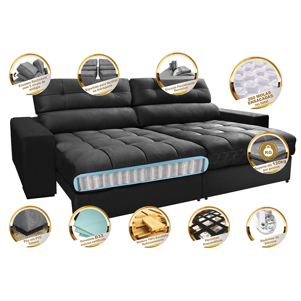 Sofá Retrátil e Reclinável com Molas Ensacadas Cama inBox Master 2,52m Tecido Suede Preto