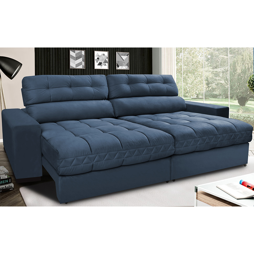 Sofá Retrátil e Reclinável com Molas Ensacadas Cama inBox Master 2,72m Tecido Suede Azul