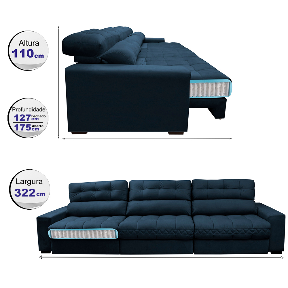 Sofá Retrátil e Reclinável com Molas Ensacadas Cama inBox Master 3,22m Tecido Suede Azul