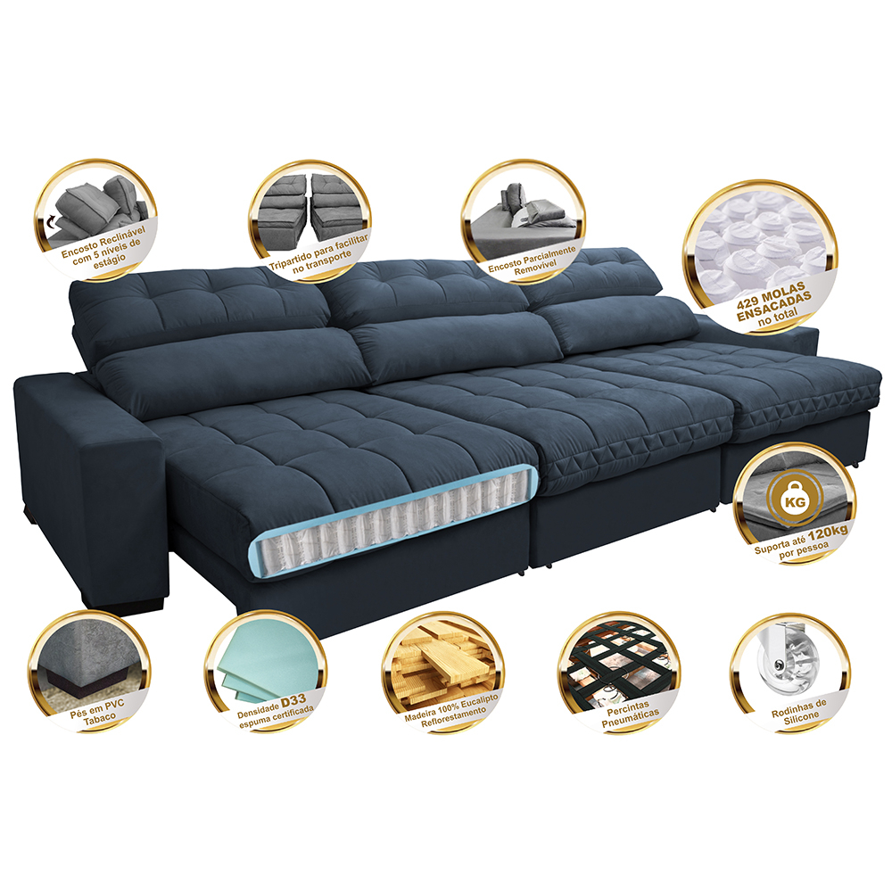 Sofá Retrátil e Reclinável com Molas Ensacadas Cama inBox Master 3,22m Tecido Suede Azul