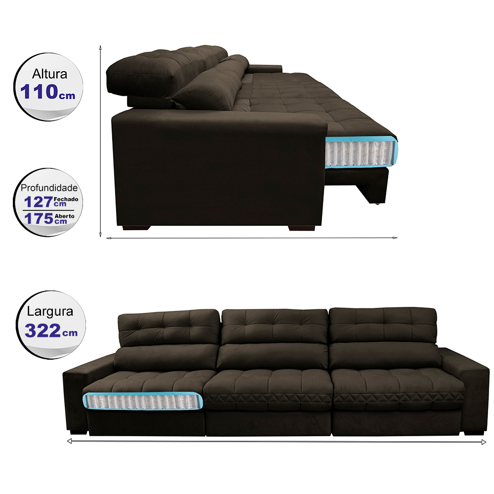 Sofá Retrátil e Reclinável com Molas Ensacadas Cama inBox Master 3,22m Tecido Suede Café
