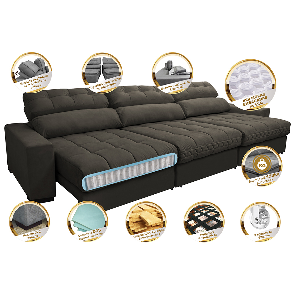 Sofá Retrátil e Reclinável com Molas Ensacadas Cama inBox Master 3,22m Tecido Suede Café