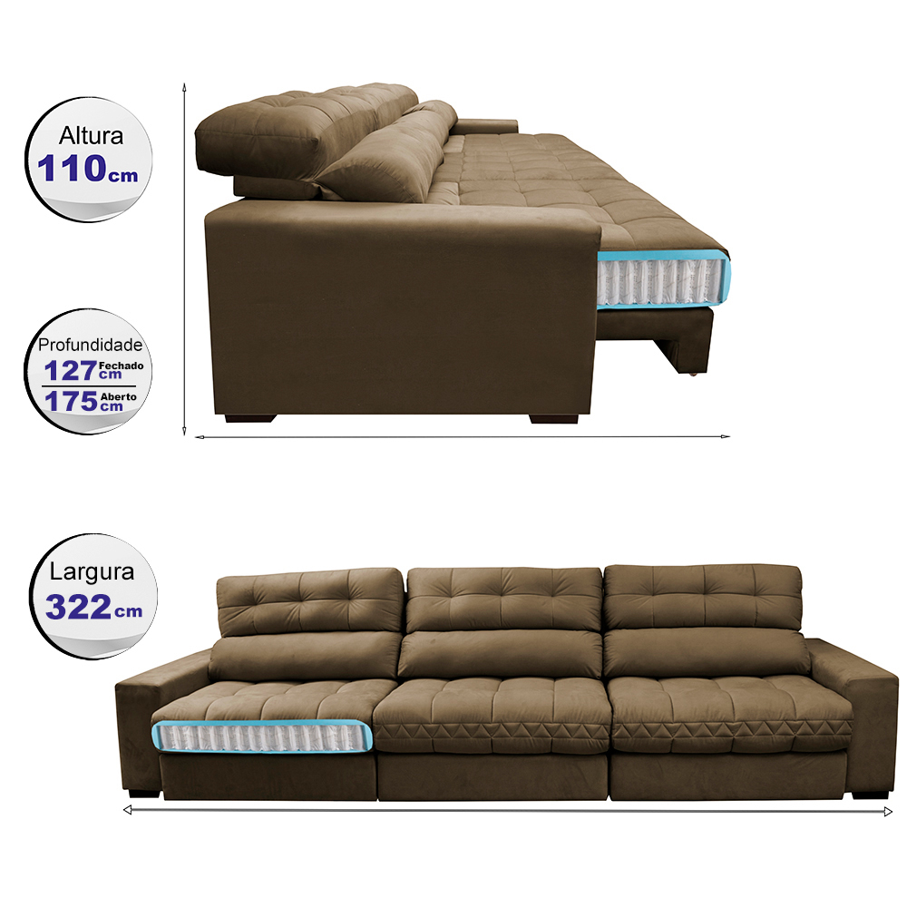 Sofá Retrátil e Reclinável com Molas Ensacadas Cama inBox Master 3,22m Tecido Suede Castor