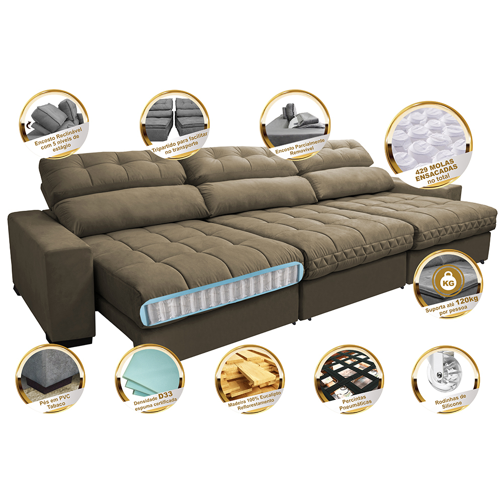 Sofá Retrátil e Reclinável com Molas Ensacadas Cama inBox Master 3,22m Tecido Suede Castor