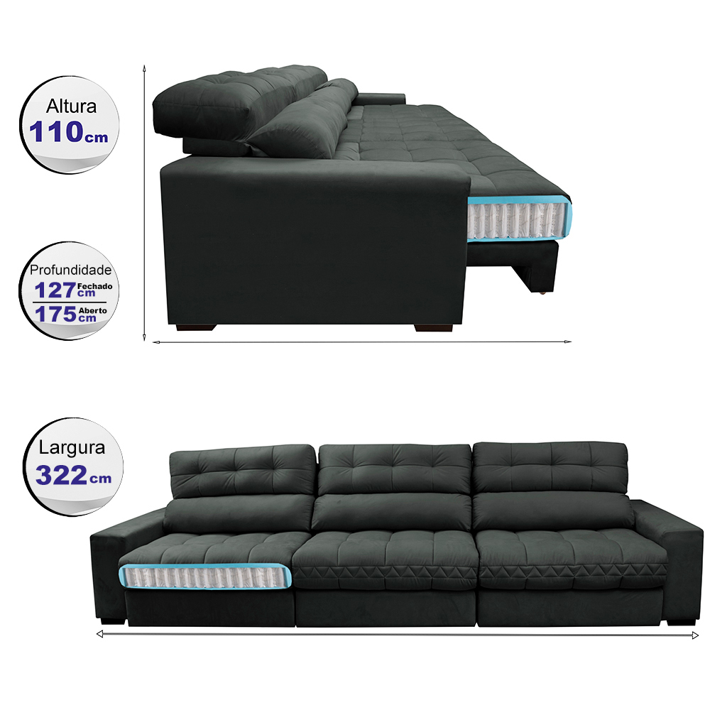 Sofá Retrátil e Reclinável com Molas Ensacadas Cama inBox Master 3,22m Tecido Suede Cinza