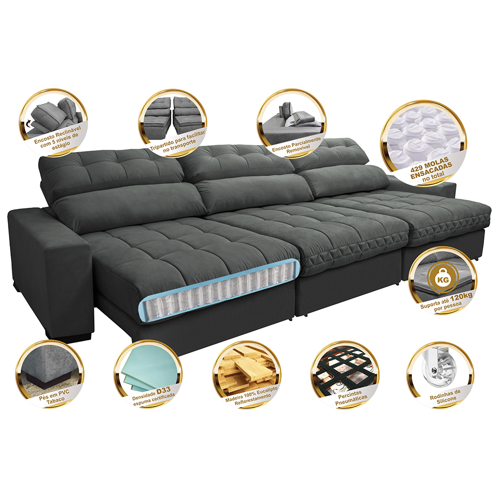 Sofá Retrátil e Reclinável com Molas Ensacadas Cama inBox Master 3,22m Tecido Suede Cinza
