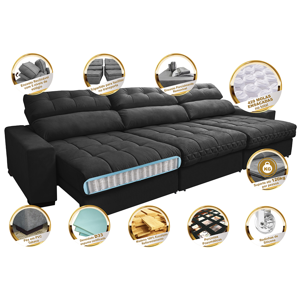 Sofá Retrátil e Reclinável com Molas Ensacadas Cama inBox Master 3,22m Tecido Suede Preto