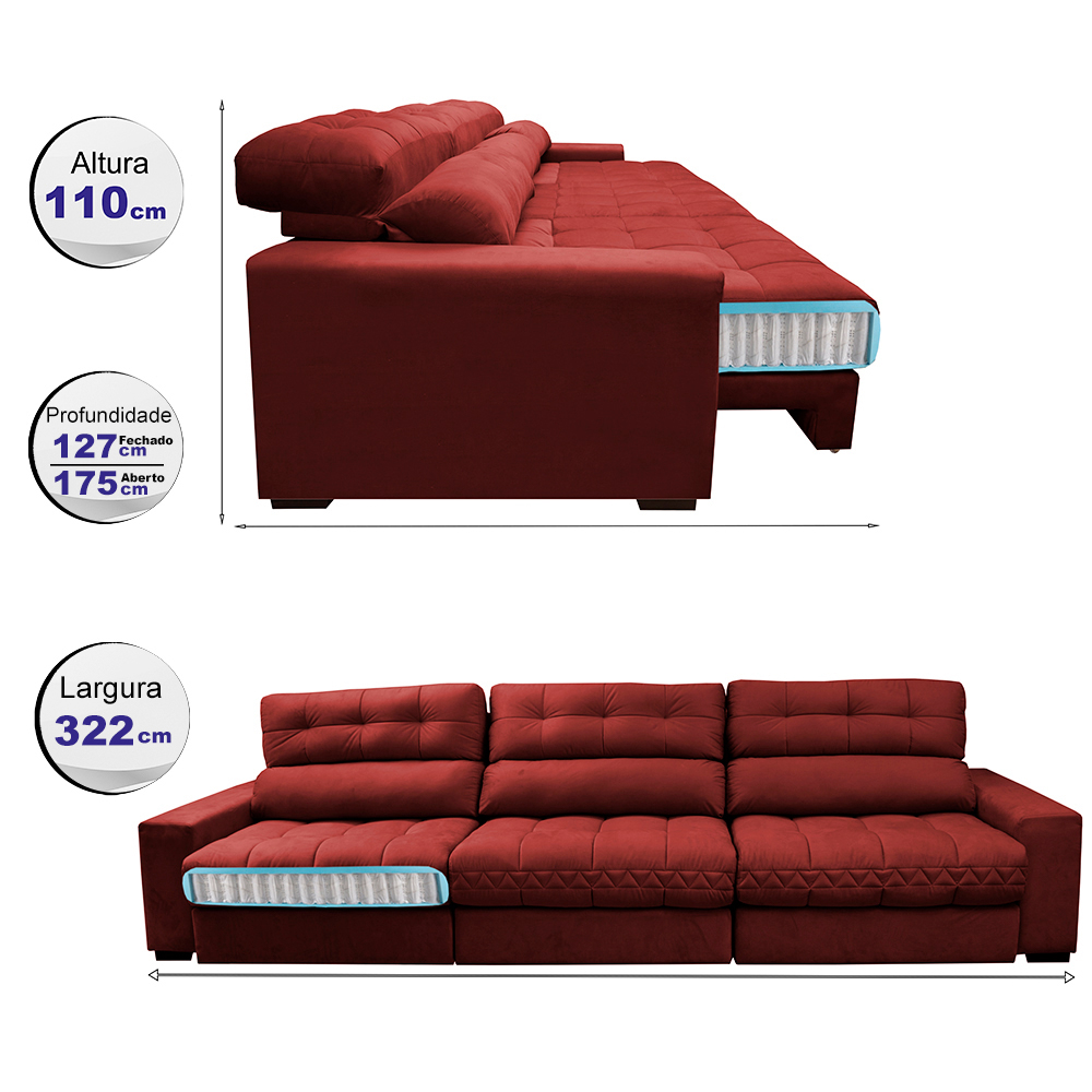 Sofá Retrátil e Reclinável com Molas Ensacadas Cama inBox Master 3,22m Tecido Suede Vermelho