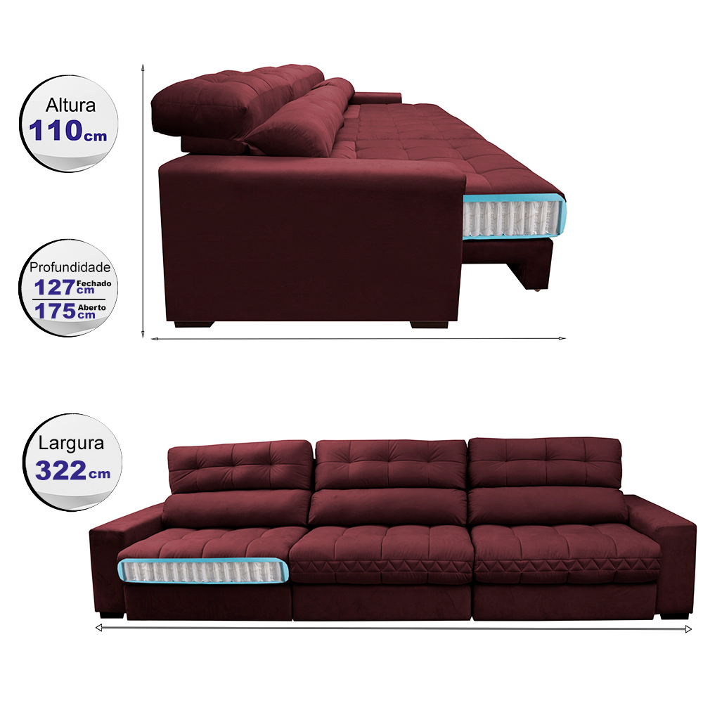 Sofá Retrátil e Reclinável com Molas Ensacadas Cama inBox Master 3,22m Tecido Suede Vinho