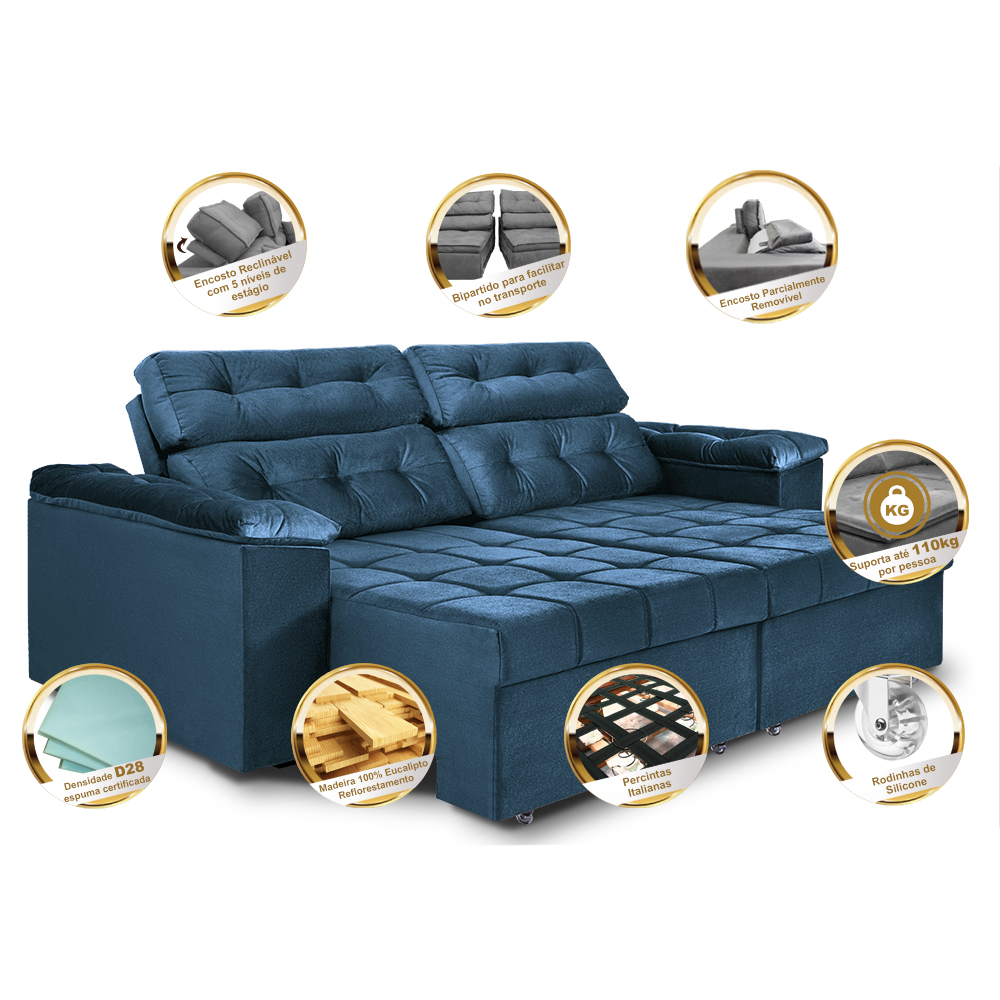 Sofá Retrátil e Reclinavel New Austrália 2,25m Tecido Suede Azul - Cama InBox
