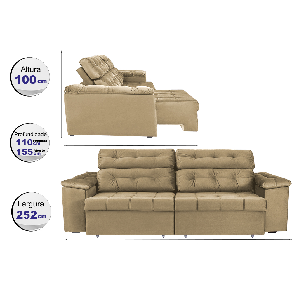 Sofá Retrátil e Reclinavel New Austrália 2,52 Mts Tecido Suede Castor - Cama InBox