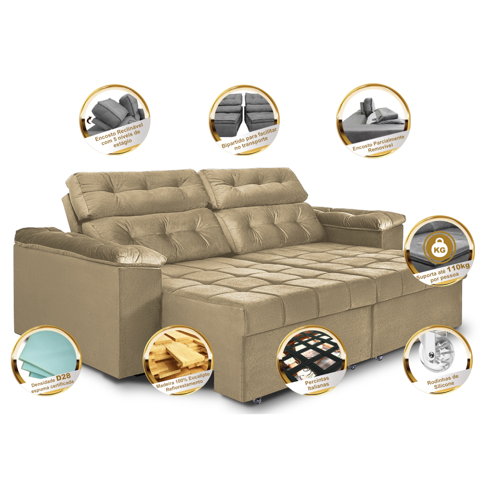 Sofá Retrátil e Reclinavel New Austrália 2,52 Mts Tecido Suede Castor - Cama InBox