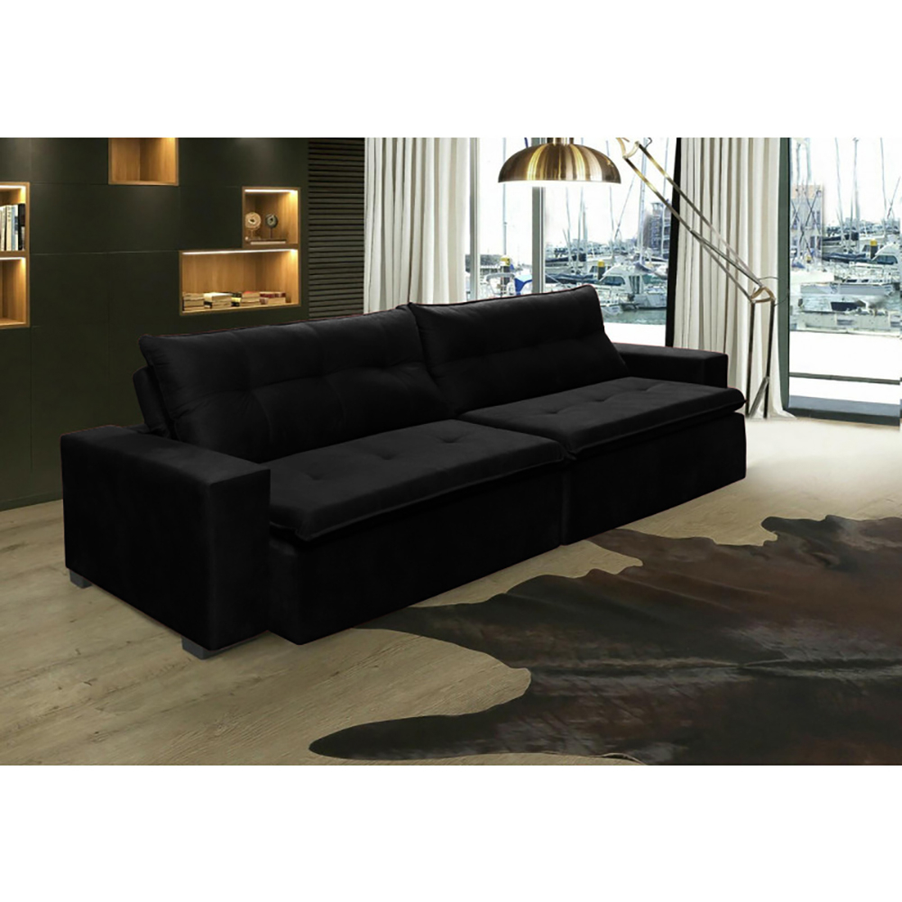 Sofá Retrátil e Reclinavel Oklahoma 2,02 Mts Com Molas e Pillow no Assento Tecido Suede Preto - Cama InBox