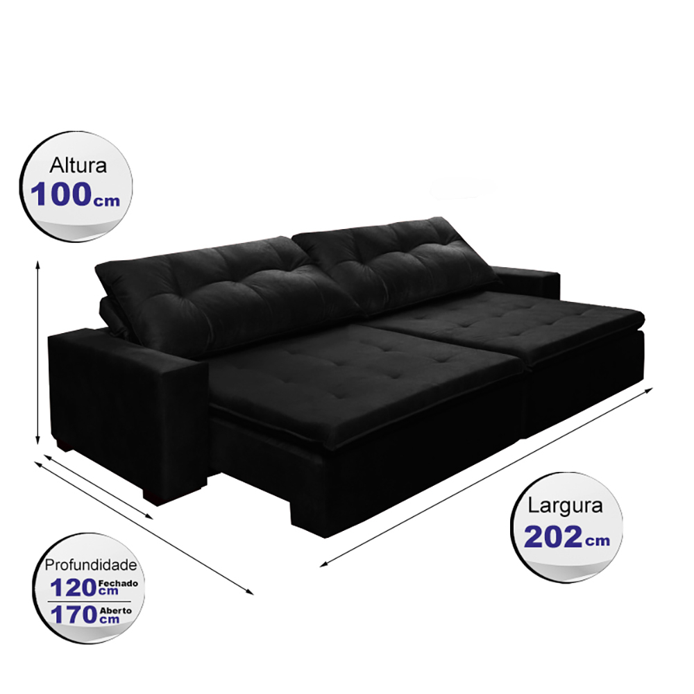 Sofá Retrátil e Reclinavel Oklahoma 2,02 Mts Com Molas e Pillow no Assento Tecido Suede Preto - Cama InBox