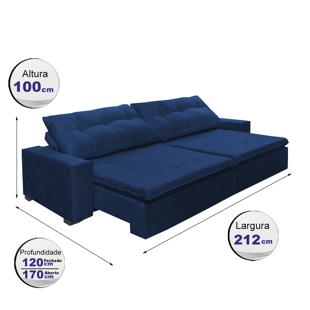 Sofá Retrátil e Reclinavel Oklahoma 2,12m Com Molas e Pillow no Assento Tecido Suede Azul - Cama InBox