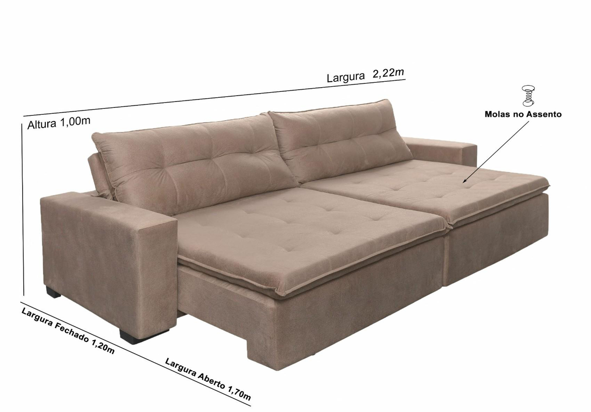 Sofá Retrátil e Reclinavel Oklahoma 2,22 Mts Com Molas e Pillow no Assento Tecido Suede Castor - Cama InBox