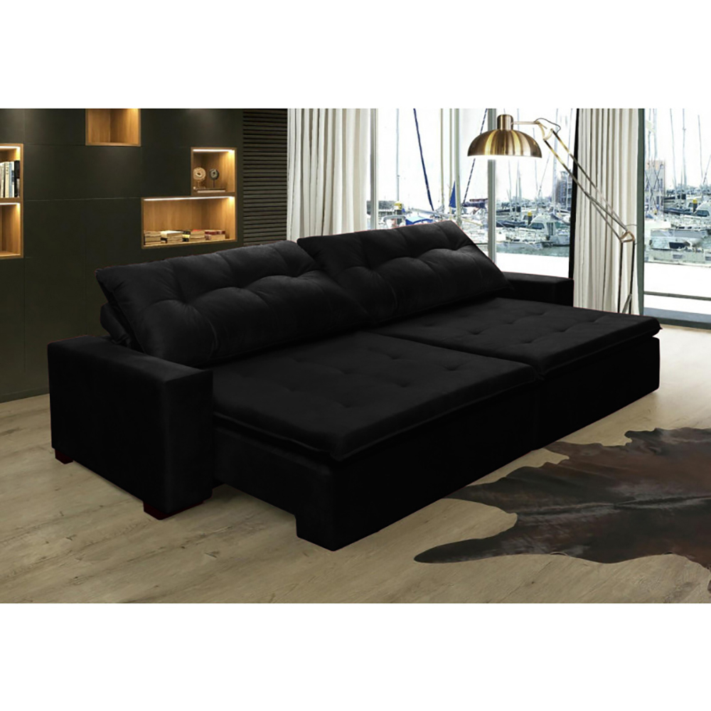 Sofá Retrátil e Reclinavel Oklahoma 2,32 Mts Com Molas e Pillow no Assento Tecido Suede Preto - Cama InBox