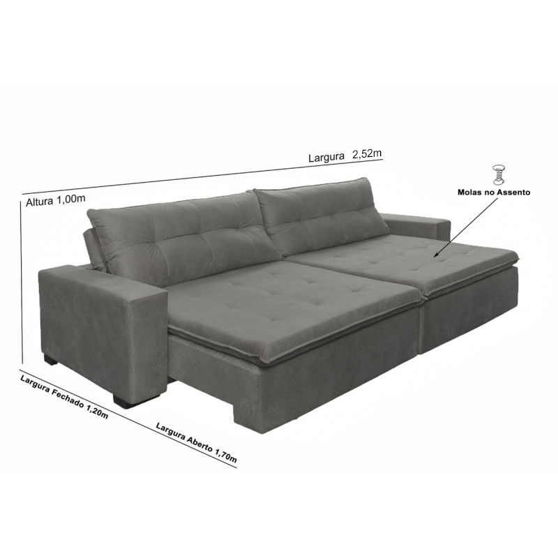 Sofá Retrátil e Reclinavel Oklahoma 2,52 Mts Com Molas e Pillow no Assento Tecido Suede Cinza - Cama InBox