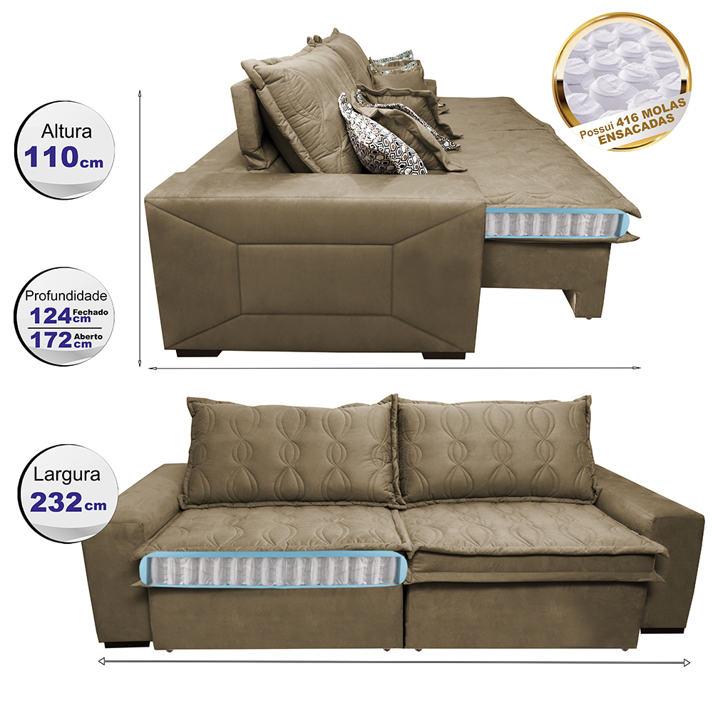 Sofá Retrátil e Reclinavel Oklahoma 2,62 Mts Com Molas e Pillow no Assento Tecido Suede Vermelho - Cama InBox