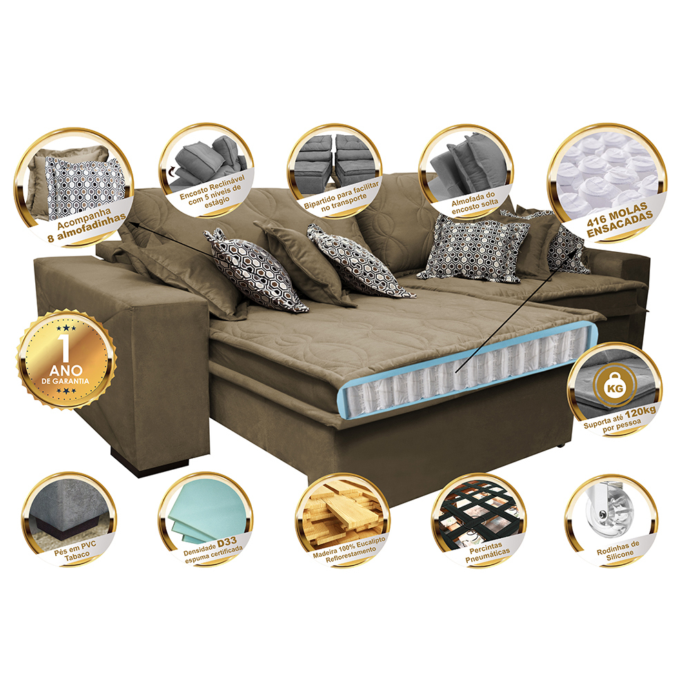 Sofá Retrátil e Reclinavel Oklahoma 2,62 Mts Com Molas e Pillow no Assento Tecido Suede Vermelho - Cama InBox