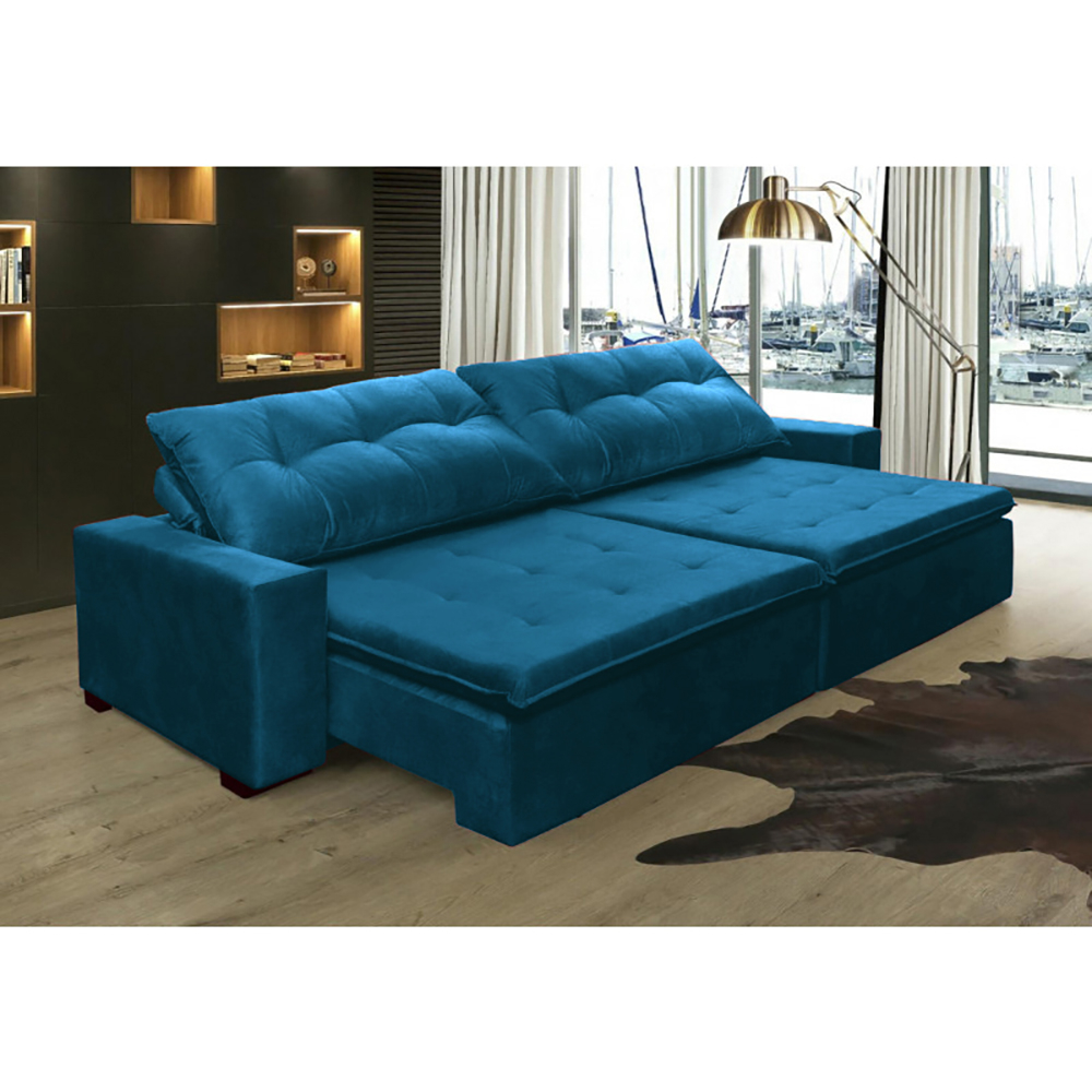 Sofá Retrátil e Reclinavel Oklahoma 2,62m Com Molas e Pillow no Assento Tecido Suede Azul - Cama InBox