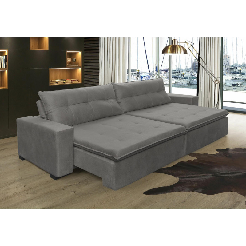 Sofá Retrátil e Reclinavel Oklahoma 2,72 Mts Com Molas e Pillow no Assento Tecido Suede Cinza - Cama InBox