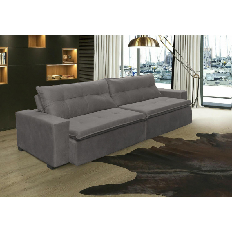 Sofá Retrátil e Reclinavel Oklahoma 2,72 Mts Com Molas e Pillow no Assento Tecido Suede Cinza - Cama InBox