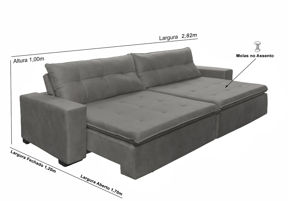Sofá Retrátil e Reclinavel Oklahoma 2,82 Mts Com Molas e Pillow no Assento Tecido Suede Cinza - Cama InBox