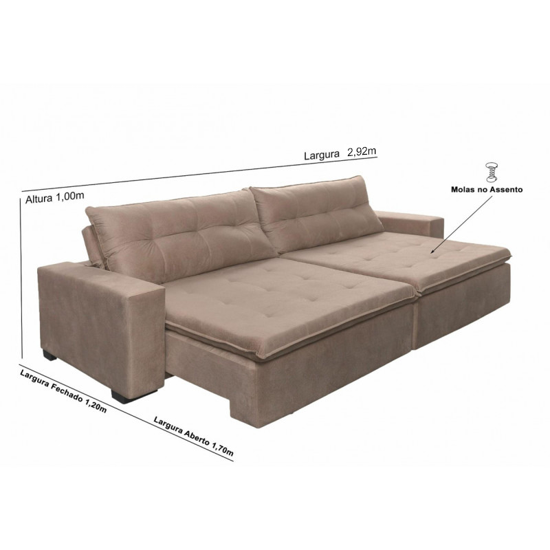 Sofá Retrátil e Reclinavel Oklahoma 2,92 Mts Com Molas e Pillow no Assento Tecido Suede Castor - Cama InBox