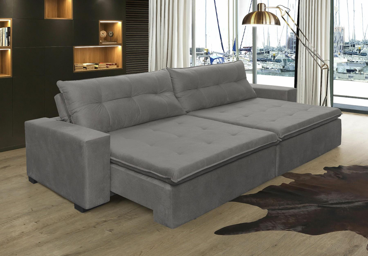 Sofá Retrátil e Reclinavel Oklahoma 3,02 Mts Com Molas e Pillow no Assento Tecido Suede Cinza - Cama InBox
