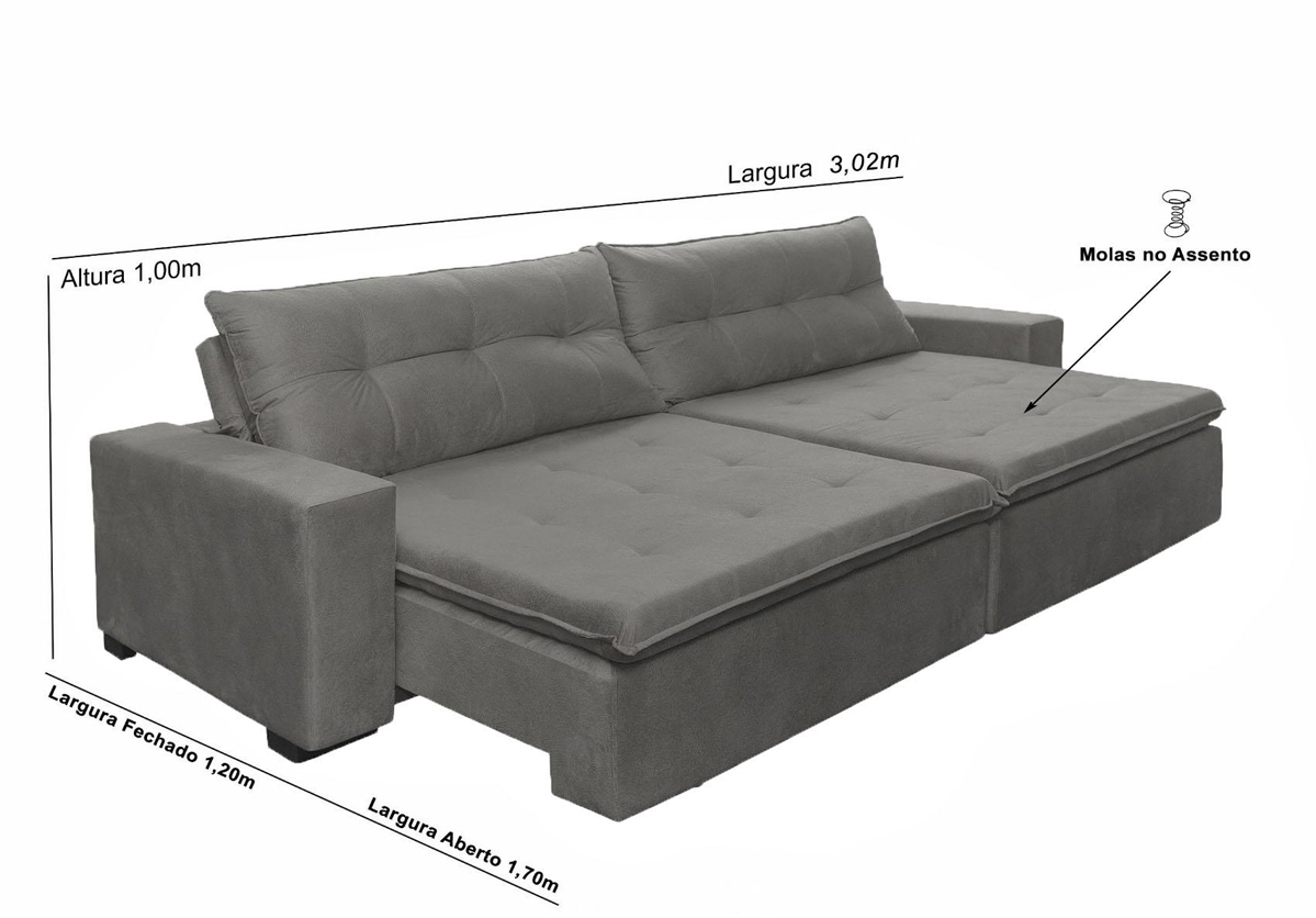 Sofá Retrátil e Reclinavel Oklahoma 3,02 Mts Com Molas e Pillow no Assento Tecido Suede Cinza - Cama InBox
