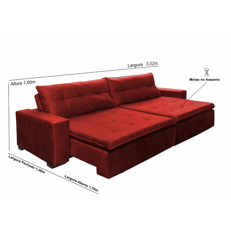 Sofá Retrátil e Reclinavel Oklahoma 3,02 Mts Com Molas e Pillow no Assento Tecido Suede Vermelho - Cama InBox