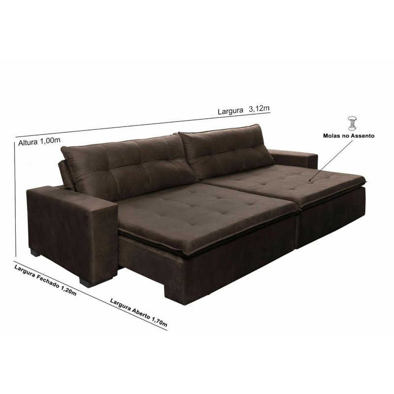 Sofá Retrátil e Reclinavel Oklahoma 3,12 Mts Com Molas e Pillow no Assento Tecido Suede Café - Cama InBox