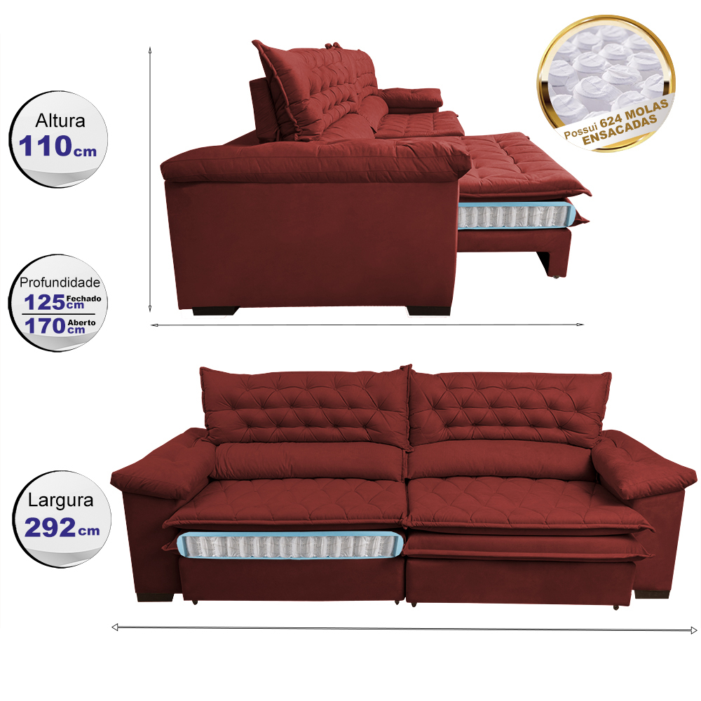 Sofá Retrátil, Reclinável Molas Ensacada Cama inBox Botonê 2,92m Espuma Viscoelástico Suede Vermelho