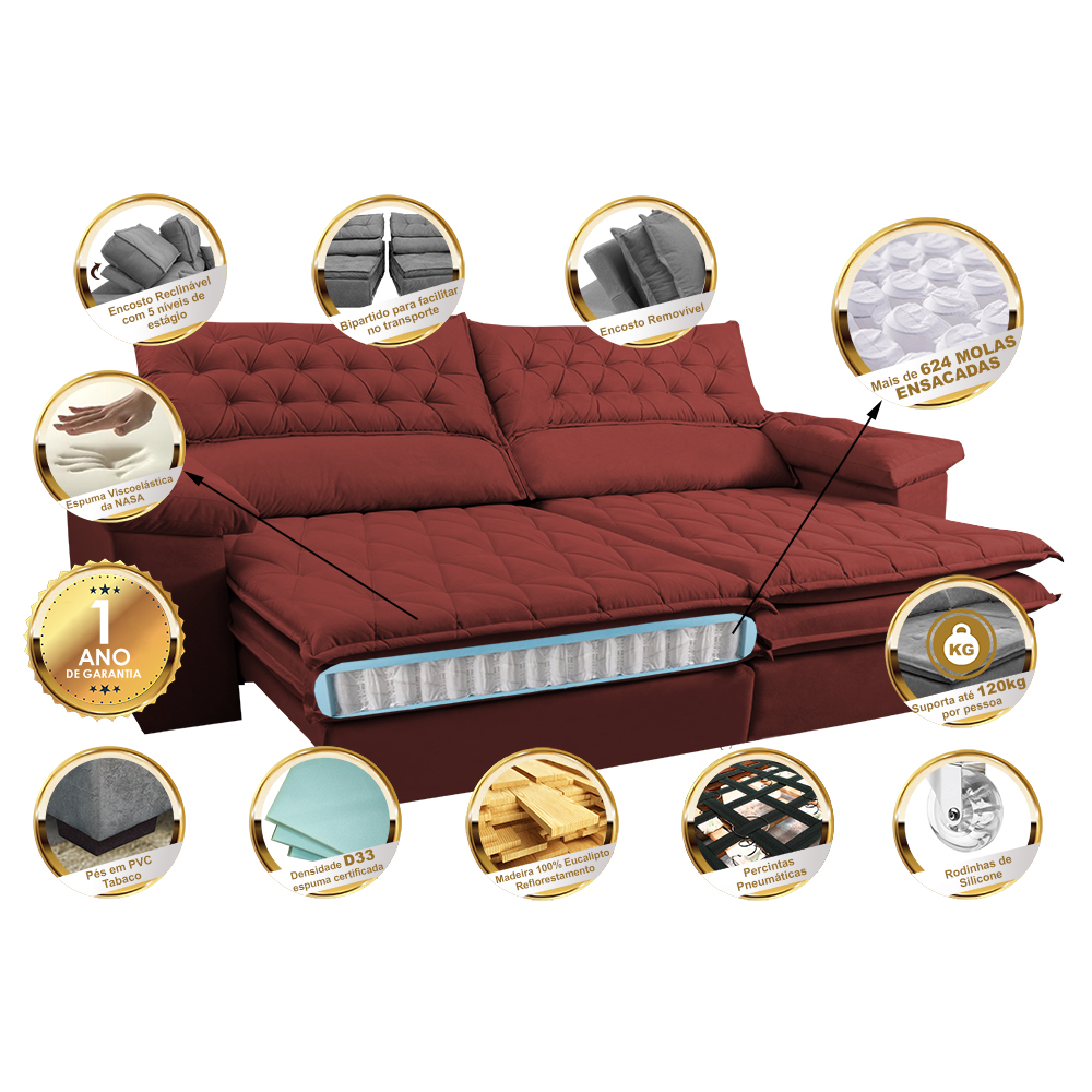 Sofá Retrátil, Reclinável Molas Ensacada Cama inBox Botonê 2,92m Espuma Viscoelástico Suede Vermelho