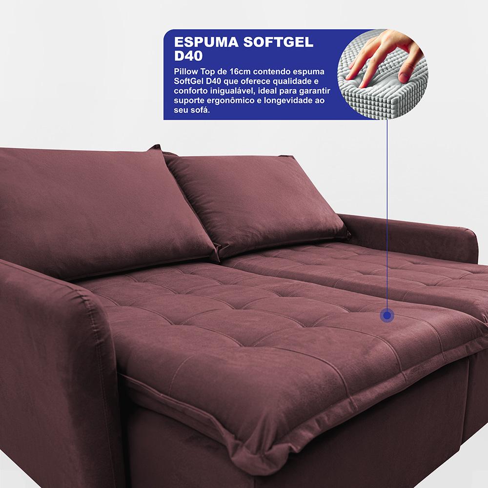 Sofá Sem Caixa Retrátil 1,60m SoftGel Luna Velusoft Vinho Cama inBox