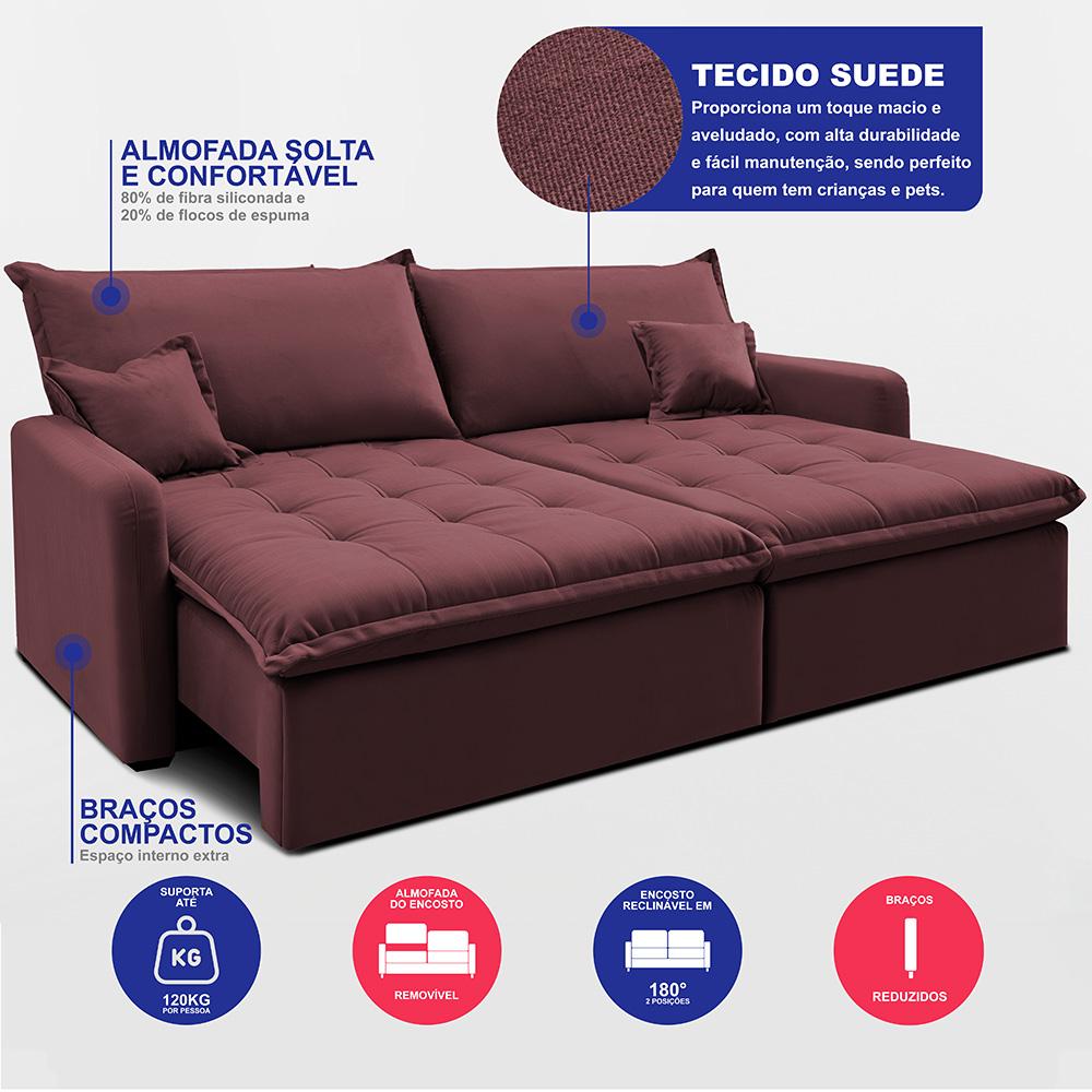 Sofá Sem Caixa Retrátil 1,60m SoftGel Luna Velusoft Vinho Cama inBox