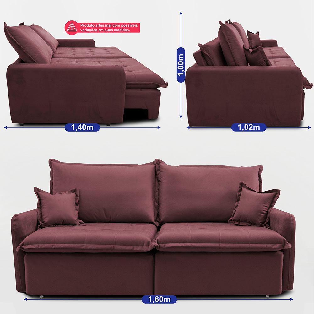 Sofá Sem Caixa Retrátil 1,60m SoftGel Luna Velusoft Vinho Cama inBox