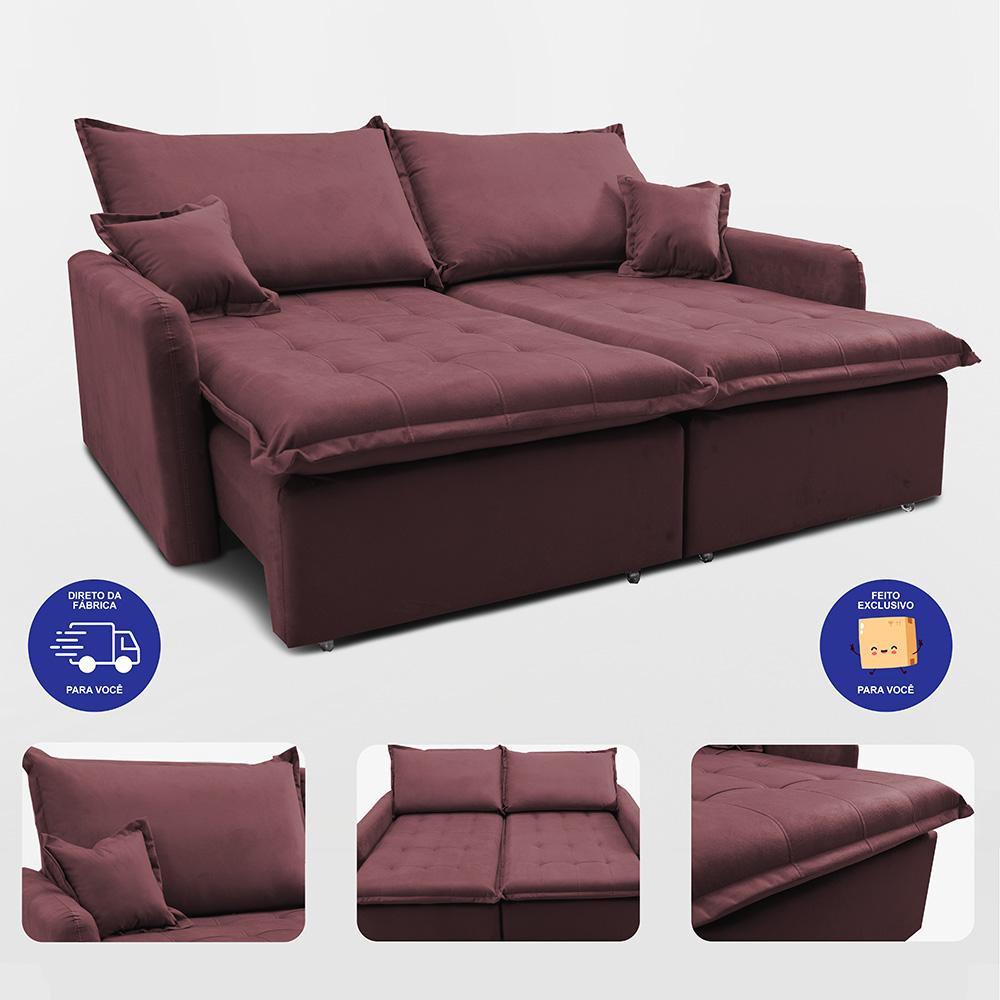 Sofá Sem Caixa Retrátil 1,60m SoftGel Luna Velusoft Vinho Cama inBox