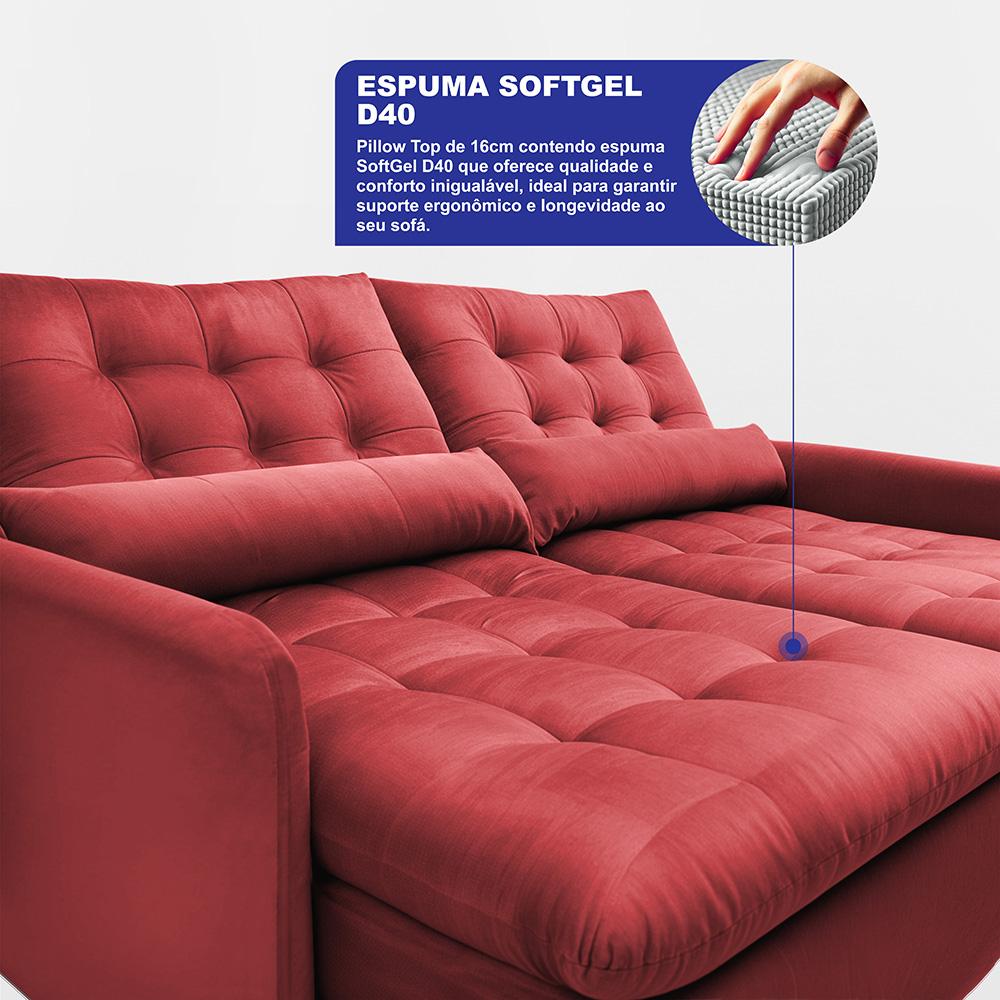 Sofá Sem Caixa Retrátil 1,80m SoftGel Celeste Velusoft Vermelho Cama inBox