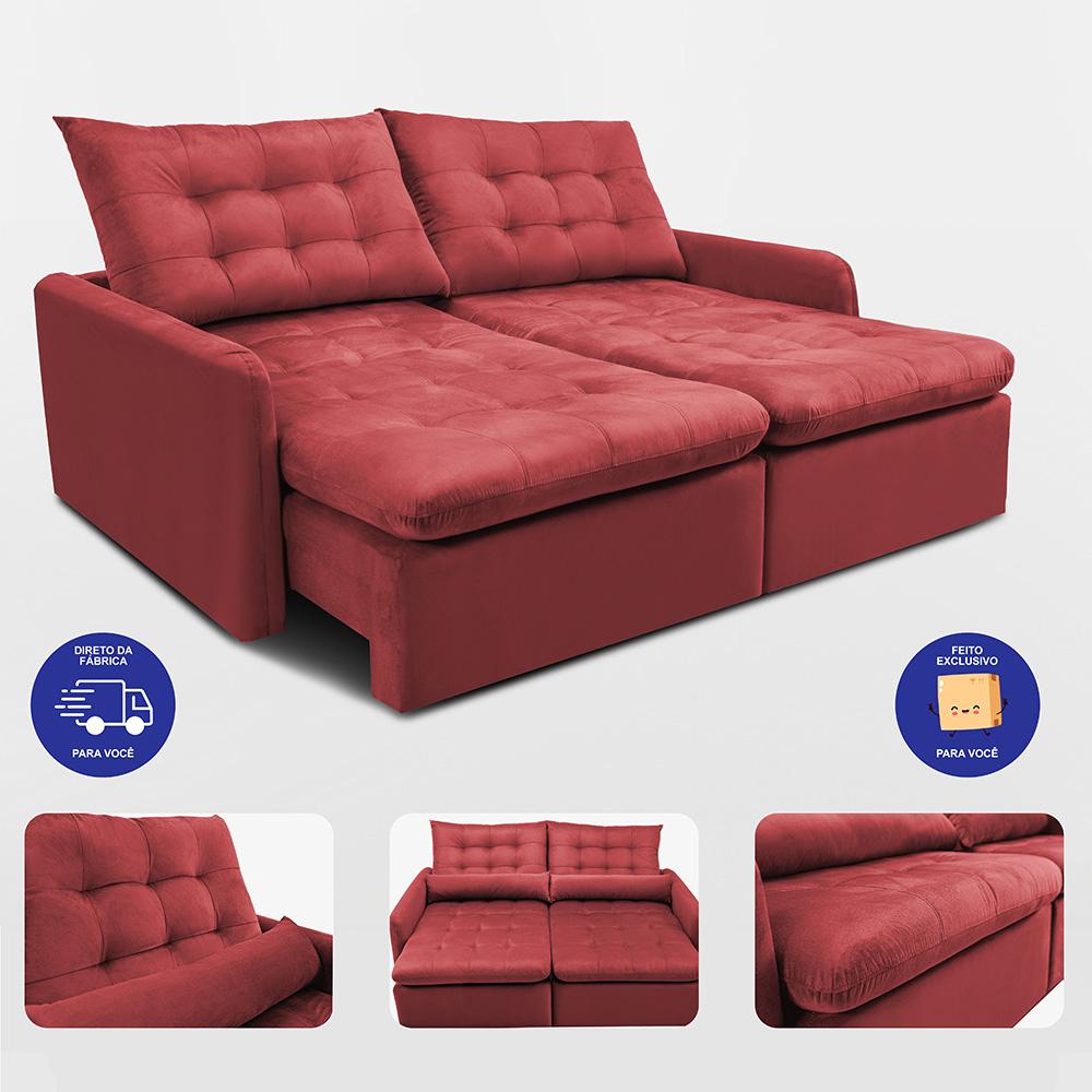 Sofá Sem Caixa Retrátil 1,80m SoftGel Celeste Velusoft Vermelho Cama inBox