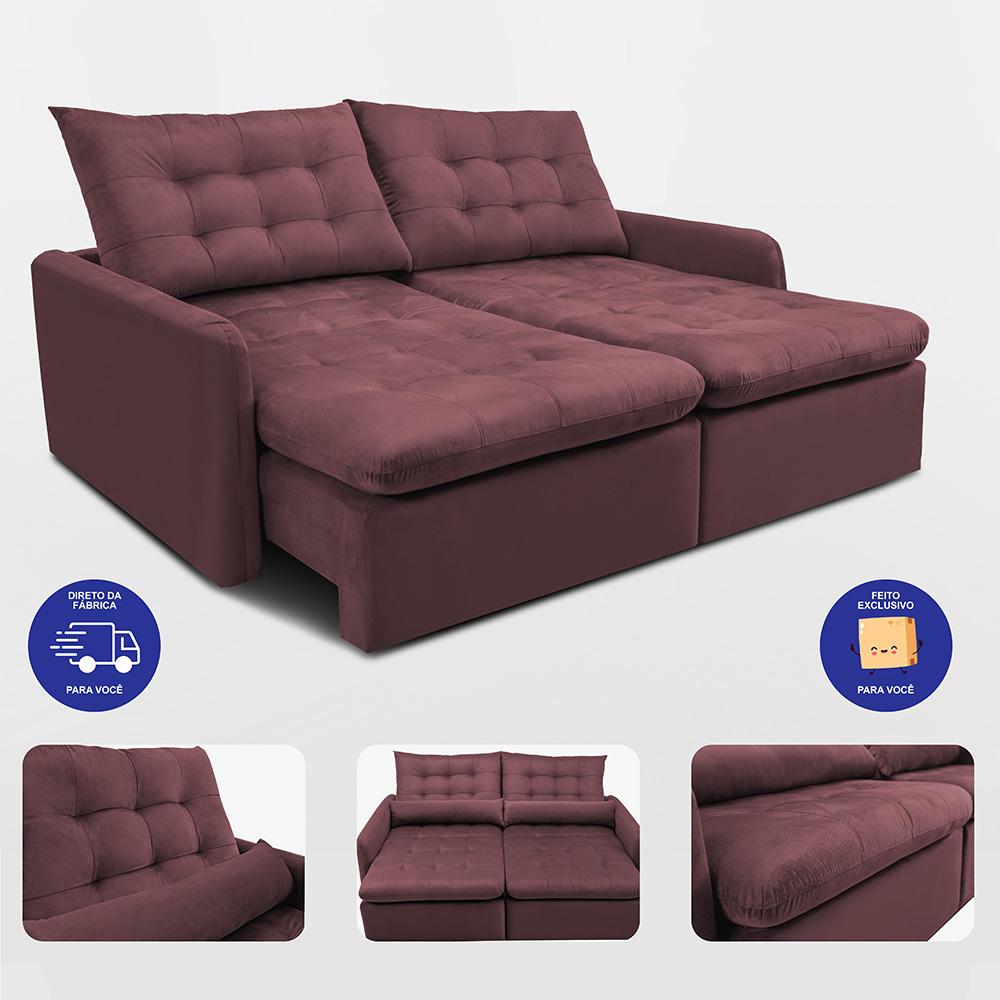 Sofá Sem Caixa Retrátil 1,80m SoftGel Celeste Velusoft Vinho Cama inBox