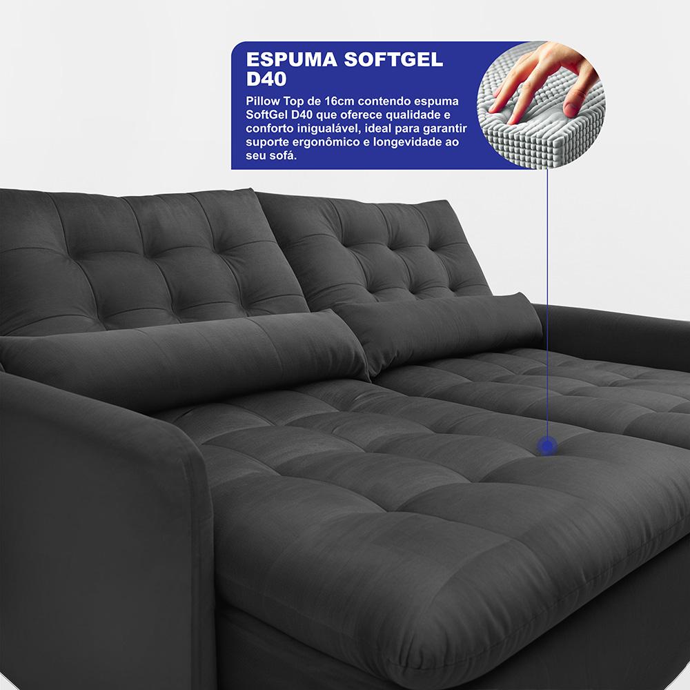 Sofá Sem Caixa Retrátil 2,00m SoftGel Celeste Velusoft Preto Cama inBox