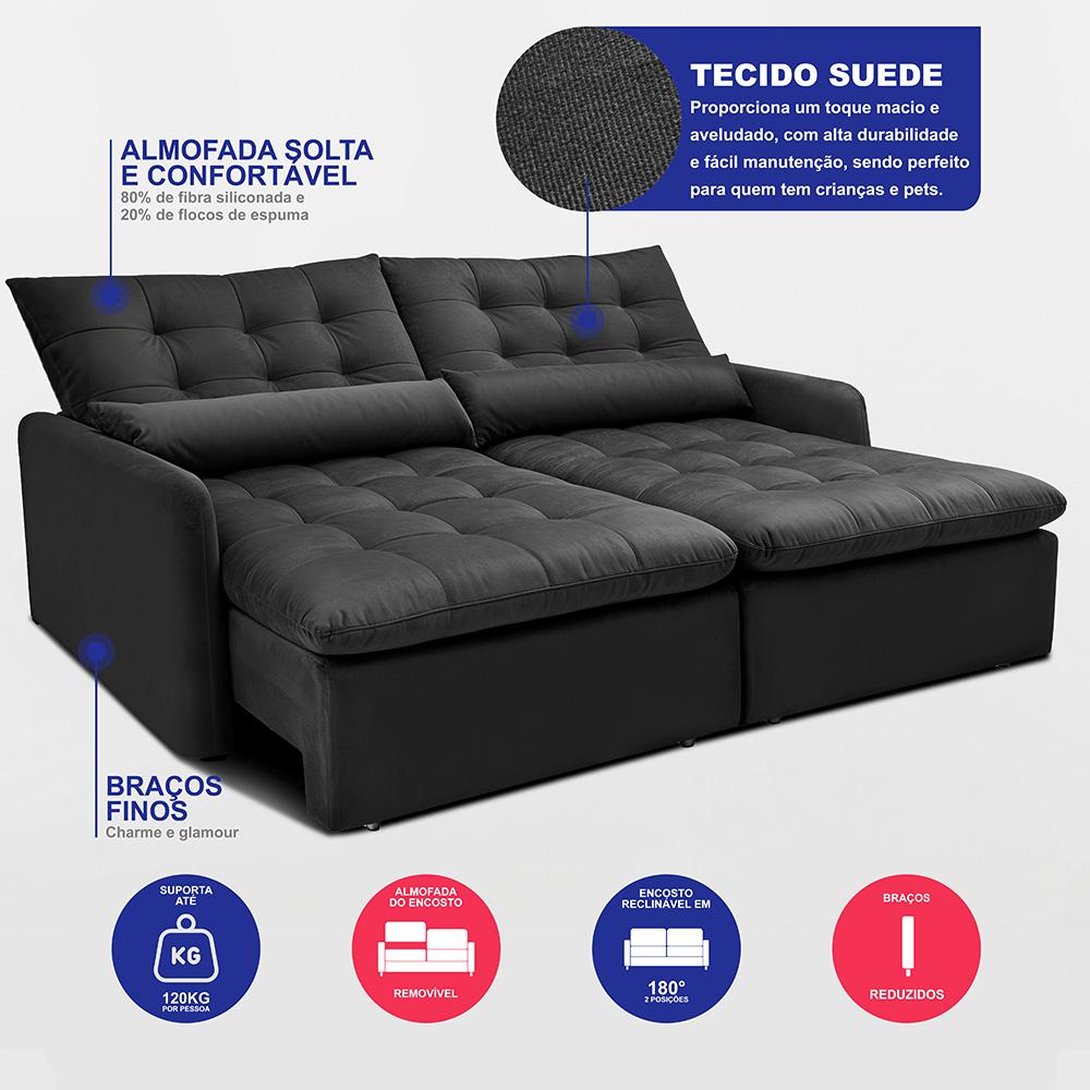 Sofá Sem Caixa Retrátil 2,00m SoftGel Celeste Velusoft Preto Cama inBox