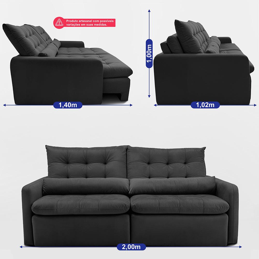 Sofá Sem Caixa Retrátil 2,00m SoftGel Celeste Velusoft Preto Cama inBox